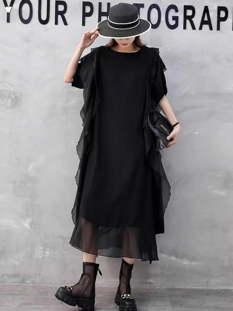 XITAO Asymmetrical Patchwork O-neck Dress Casual Loose Fitting A-line Solid Color Elegant New Arrival Summer Women Dress GYX1651