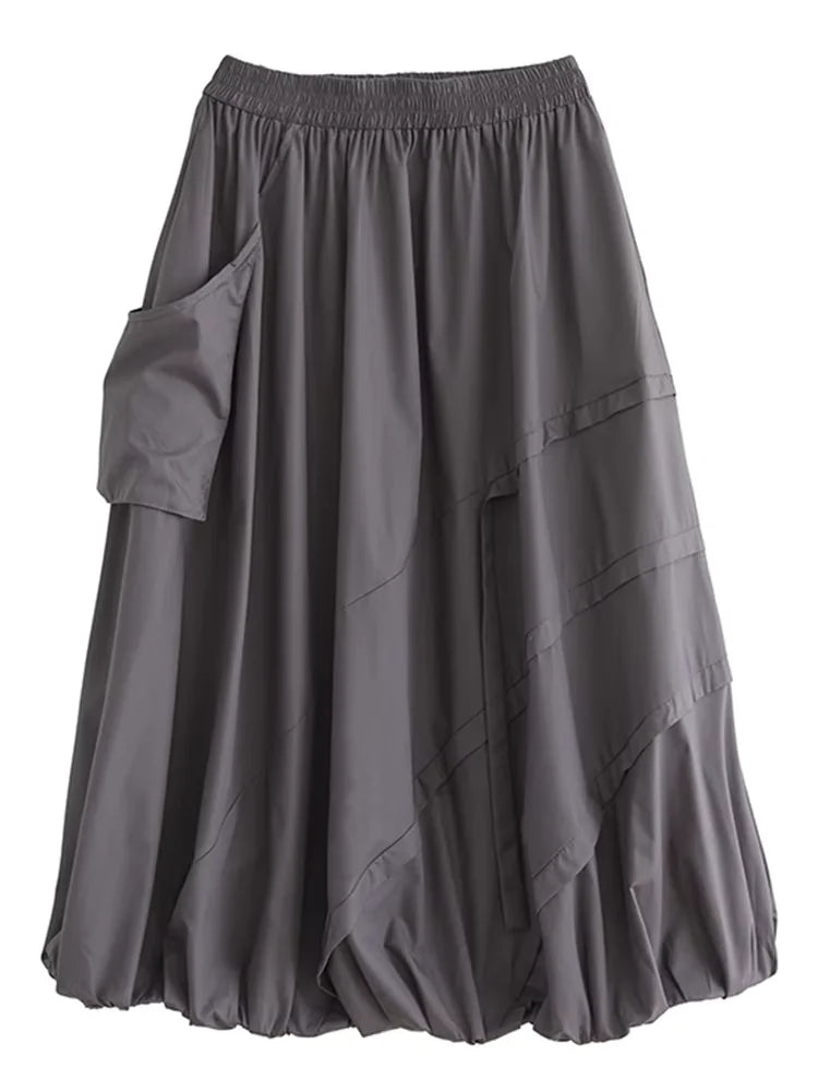 XITAO Casual Big Pocket Folds Skirt Solid Color Simple A-line Patchwork Women Loose All-match Trend Elastic Waist Skirt ZMY1166