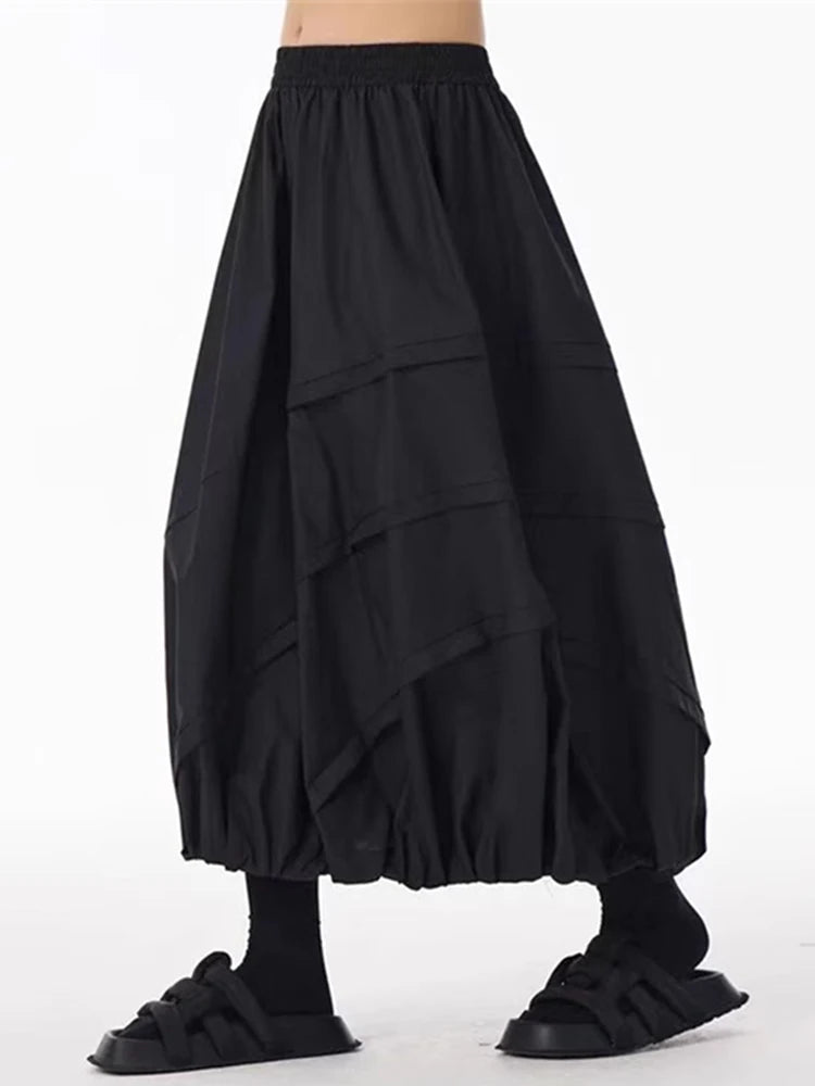 XITAO Casual Big Pocket Folds Skirt Solid Color Simple A-line Patchwork Women Loose All-match Trend Elastic Waist Skirt ZMY1166