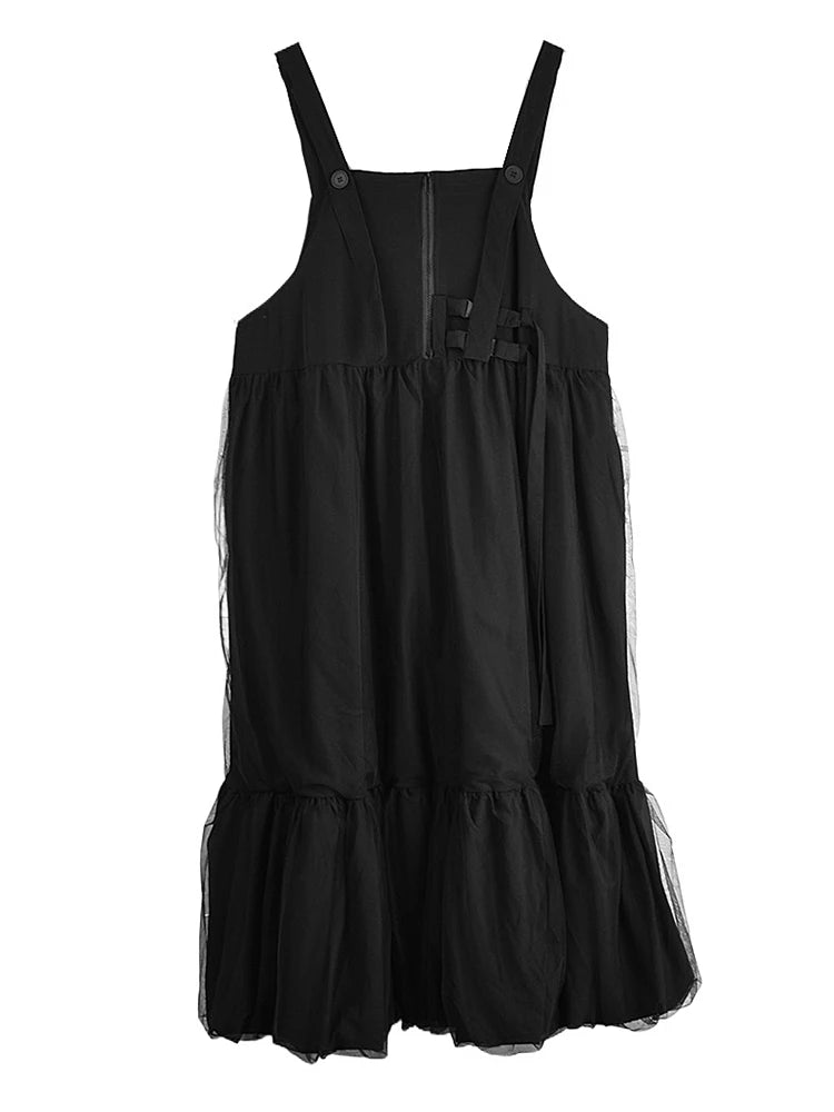 XITAO Patchwork Gauze Pleated Dress Solid Color Casual Sleeveless Loose Zipper Summer Woman Shoulder Strap Dress GYX1652