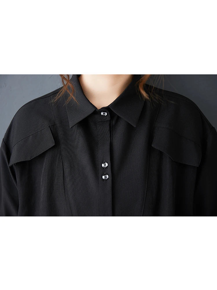 XITAO Drawstring Solid Color Dress Turn-down Collar Short Sleeve Slimming Patchwork Pocket Casual Summer Woman Dress ZMY1402