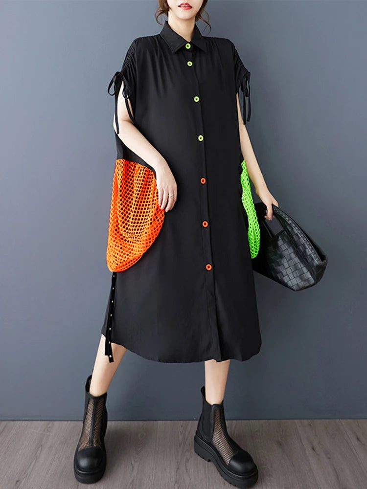 XITAO Irregular Hollow Out Female Shirt Dress Personality Contrast Color Patchwork Women Loose Vintage Slimming Dress ZMY1057