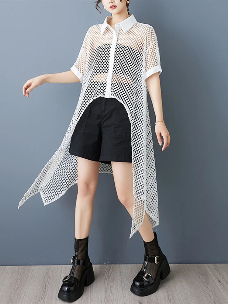 XITAO Irregular Hollow Out Dress Mesh Turn-down Collar Single Breasted Loose Casual Solid Color Summer Woman Dress ZMY1254