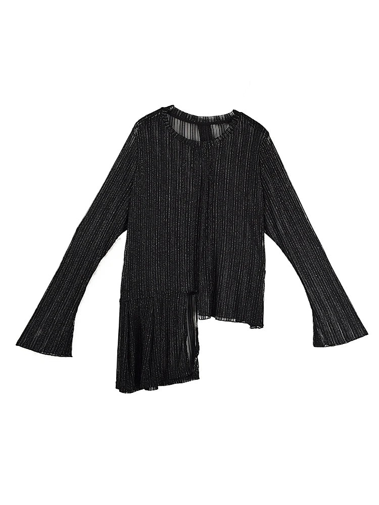 XITAO Asymmetrical Perspective T-Shirts Loose Solid Color O-neck Full Sleeve Temperament Slimming Summer Woman T-Shirts ZMY1325
