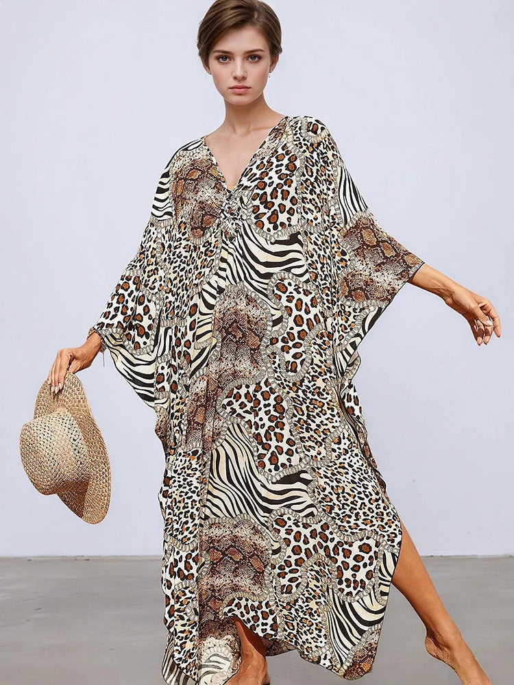 XITAO Leopard A-line Dress Vintage Side Slit V-neck Bat Wing Sleeve Loose Personality New Arrival Summer Woman Dress GJ1172