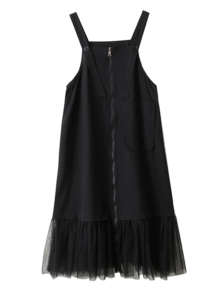 XITAO Gauze Patchwork Pocket Dress Solid Color Square Collar Sleeveless Loose Casual Slimming Summer Woman Straps Dress ZMY1313