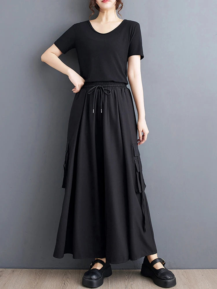 XITAO Elastic Waist Pocket Lace-up Pant Casual Solid Color New Wide-leg Slimming Fashion Leisure Spring Women Pant GYX1548