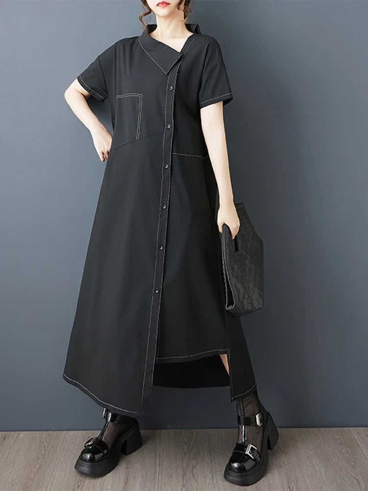 XITAO Solid Color Asymmetrical Vintage Dress Short Sleeve Single Breasted Personality Loose Slimming Summer Woman Dress ZMY1316