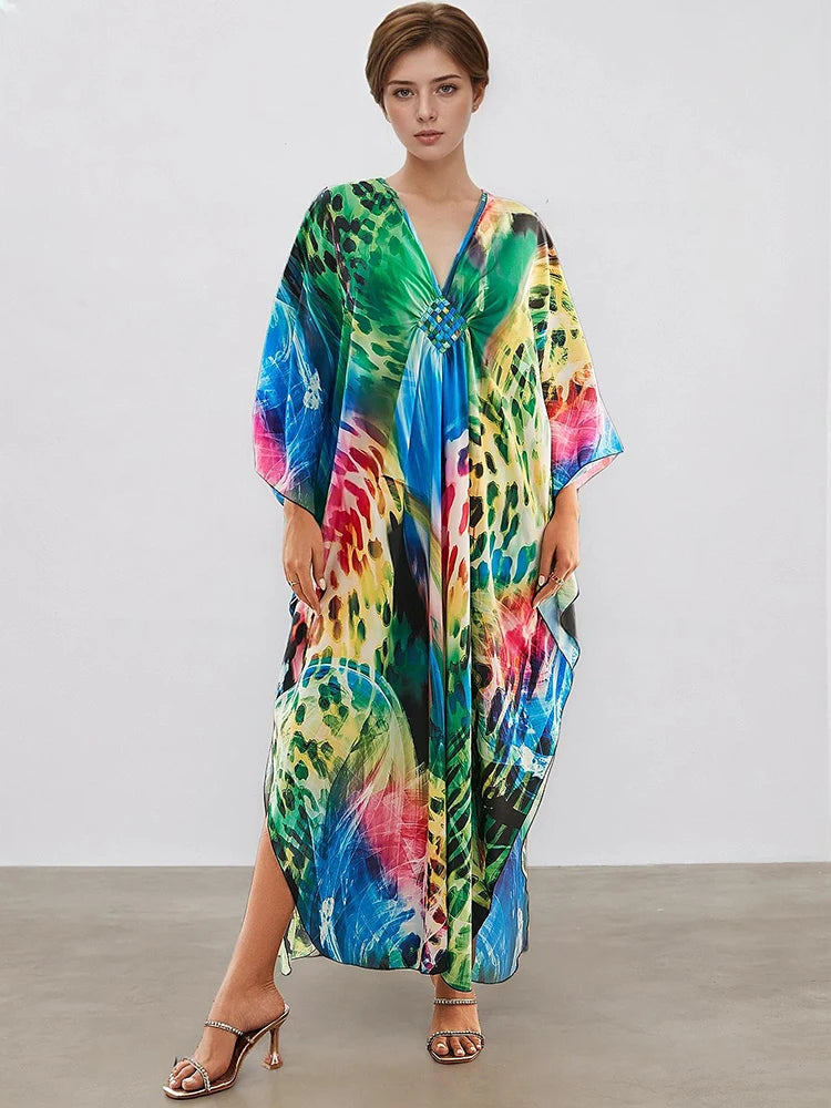 XITAO Female Contrast Color Female Dress Leopard Print V-neck Bat Wing Sleeve Vintage Personality Summer Woman Dress GJ1181