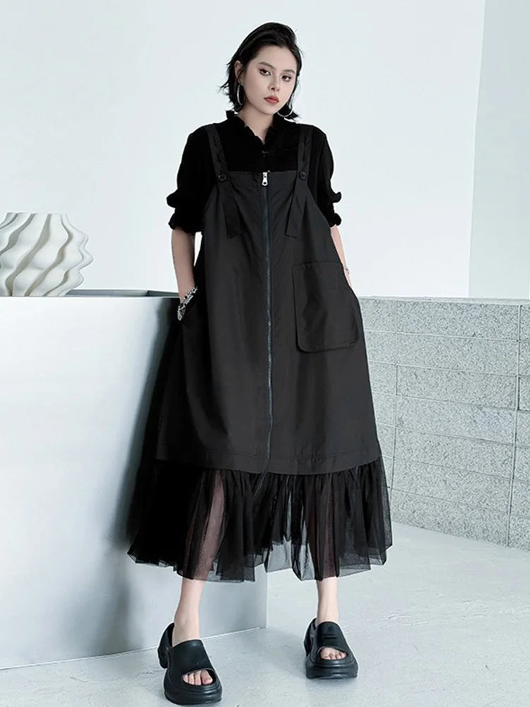 XITAO Pocket Patchwork Gauze Dress Zipper Solid Color Temperament Sleeveless Slimming Summer Woman Loose Casual Dress ZMY1335