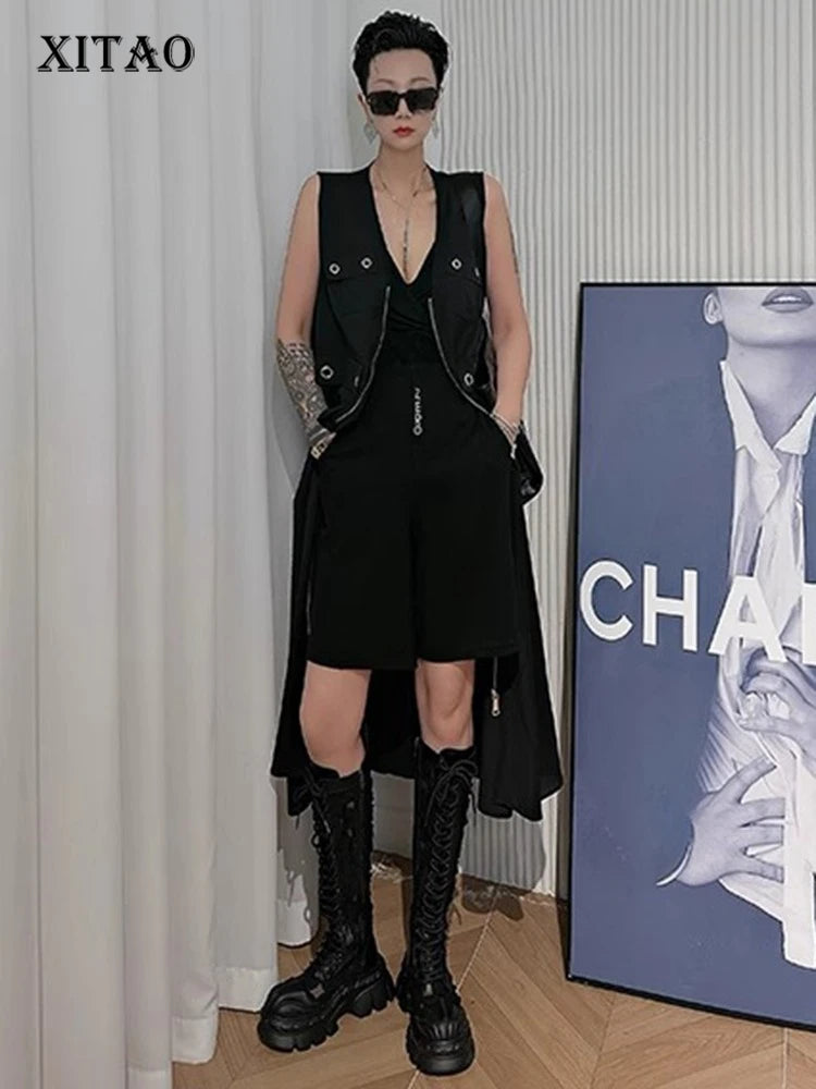 XITAO Pocket Zipper Sleeveless Dress Casual All Match Personality Fashion Black Series Summer Slimming Female Dress ZMY1327
