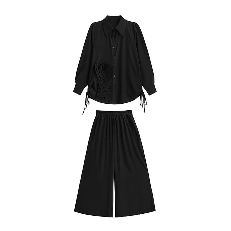 XITAO Side Split Bandage Three-dimensional Pant Sets Solid Color Single Breasted Top Elastic Waist Pocket Loose Pant GYX1527