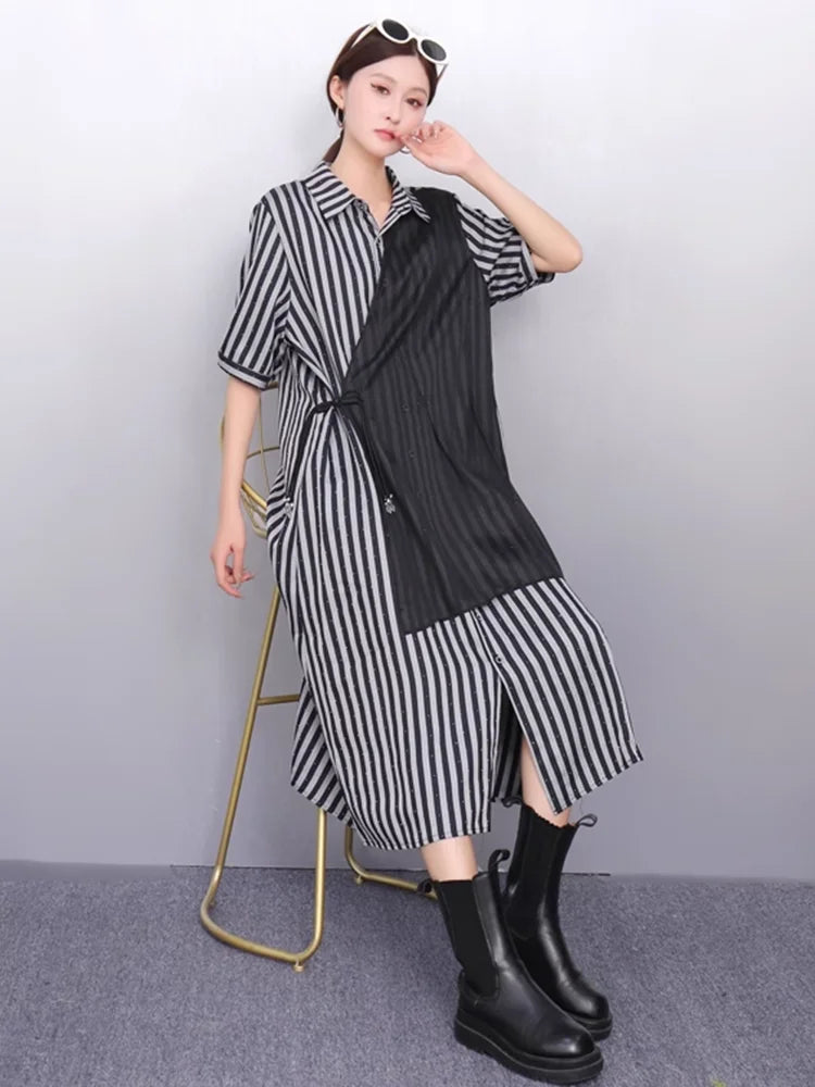 XITAO Irregular Contrast Color Dress Patchwork Striped Short Sleeve Turn-down Collar Temperament Summer Woman Dress ZMY1277