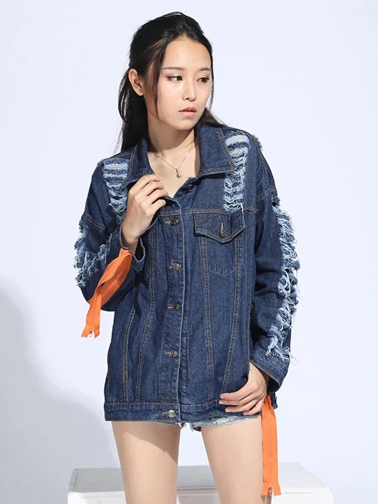 XITAO Women Denim Jacket Wide Waisted Turn Down Collar Print Letter Pattern Single Breasted Korea Fashion Wild Joker CNM001