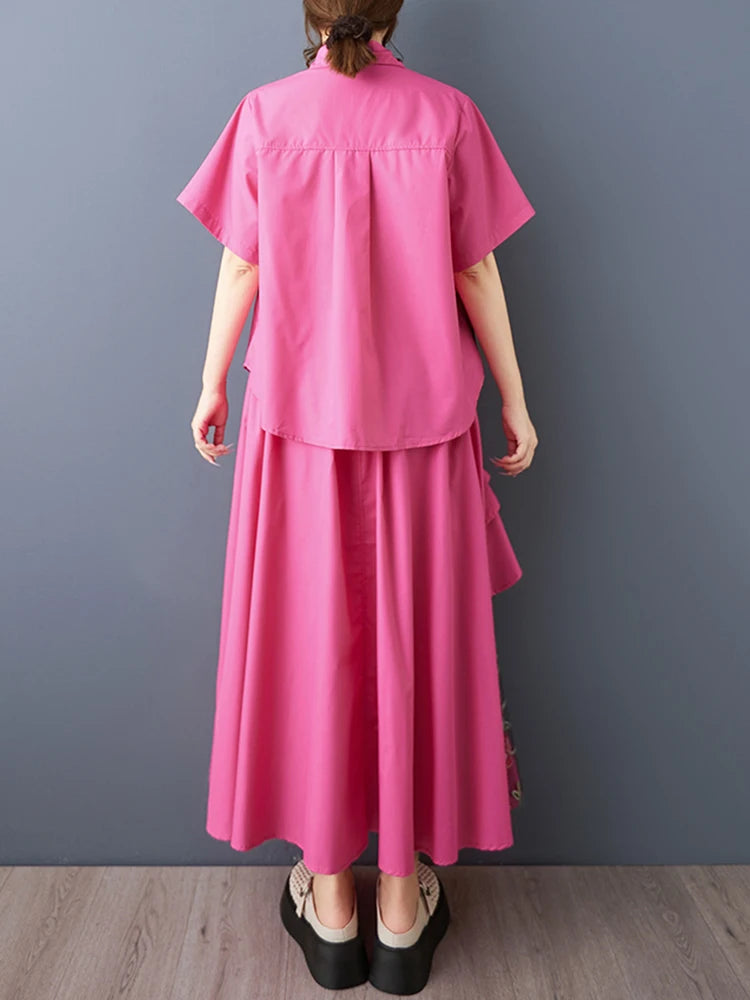 XITAO Embroidery Patchwork Gauze Sets Turn-down Collar Short Sleeve Two-piece Elastic Waist A-line Summer Dress Sets ZMY1389