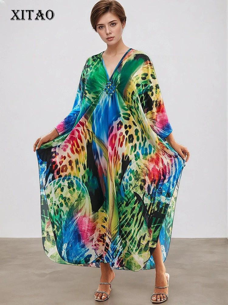 XITAO Female Contrast Color Female Dress Leopard Print V-neck Bat Wing Sleeve Vintage Personality Summer Woman Dress GJ1181