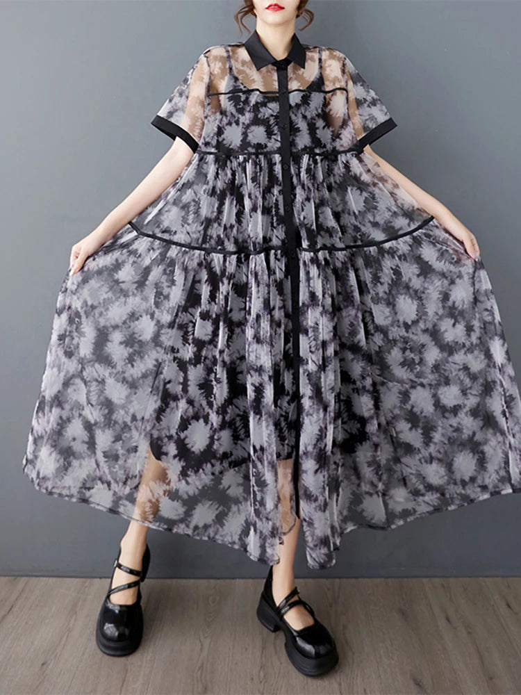 XITAO Print Patchwork Gauze Two Piece Dress Loose Short Sleeve Single Breasted New Temperament Summer Woman Dress ZMY1243