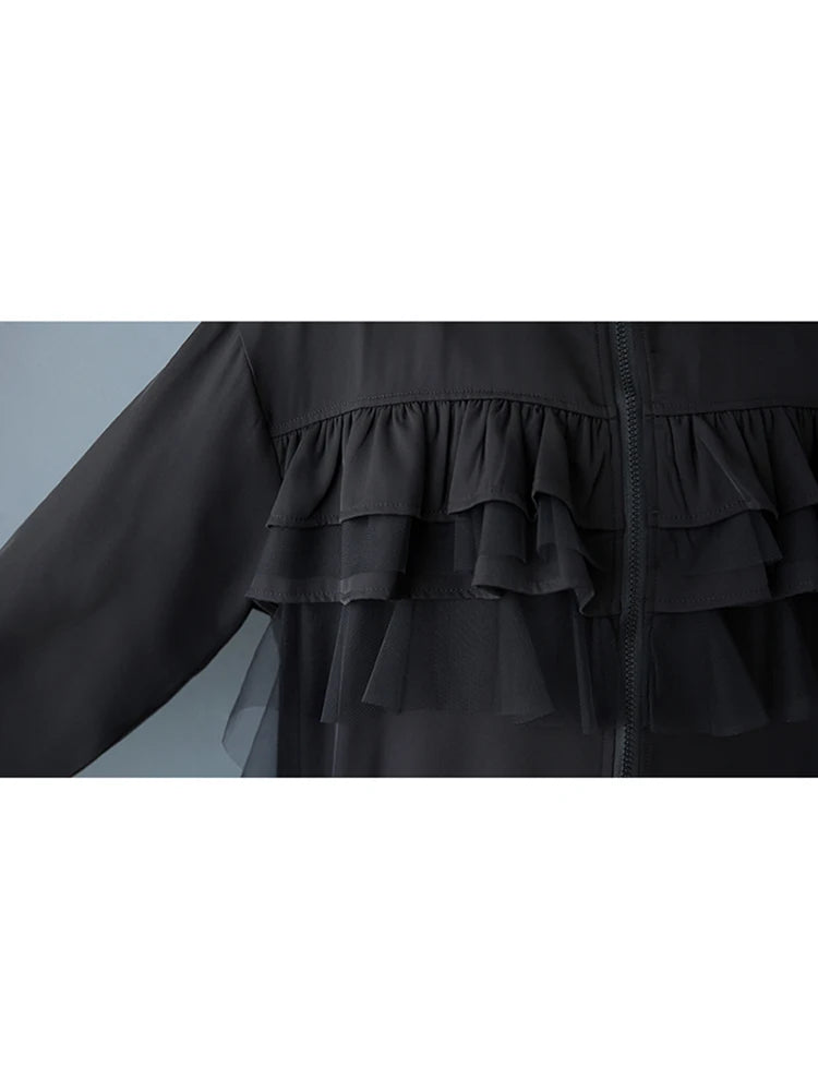 XITAO Gauze Contrast Color Ruffles Zipper Jacket Stand Collar Patchwork Loose Long Sleeve Temperament Casual Coat GYX1510