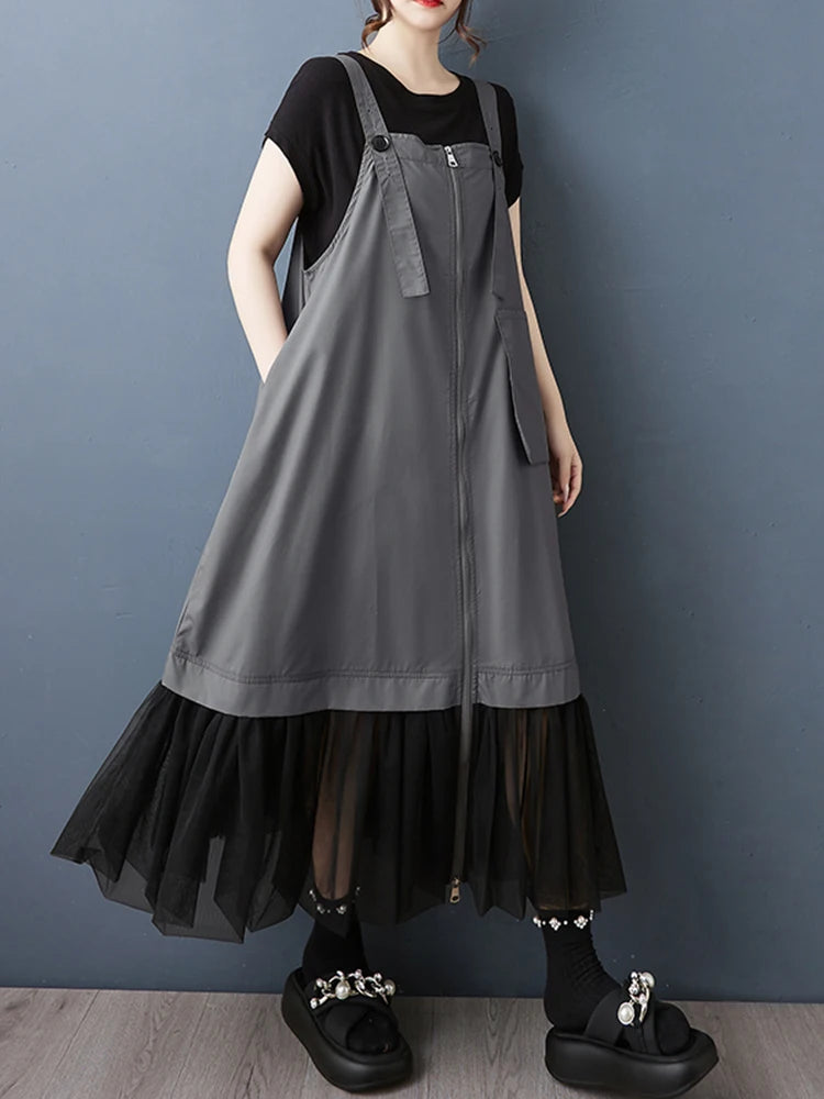 XITAO Gauze Patchwork Pocket Dress Solid Color Square Collar Sleeveless Loose Casual Slimming Summer Woman Straps Dress ZMY1313
