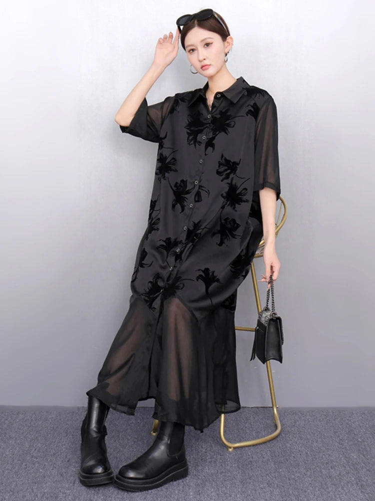 XITAO Patchwork Print Dress Gauze Loose Half Sleeve Elegant Single Breasted Temperament Vintage Summer Woman Dress ZMY1282