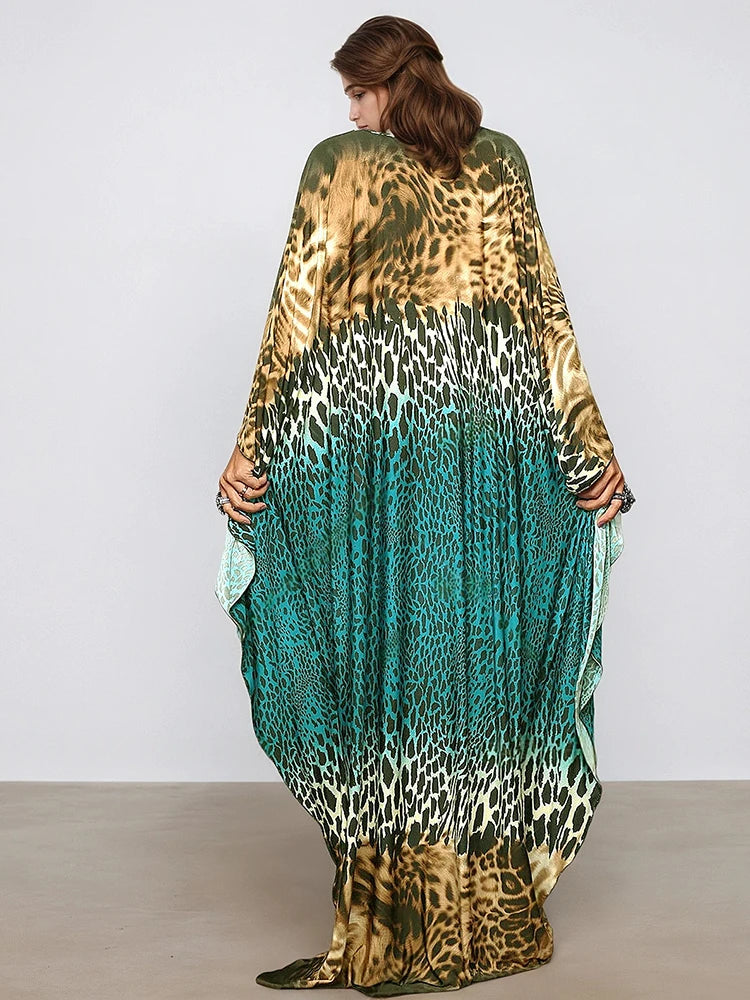 XITAO Leopard Print V-neck Dress Pullover Bat Wing Sleeve Loose Casual Vintage Temperament Summer Woman Personality Dress GJ1182