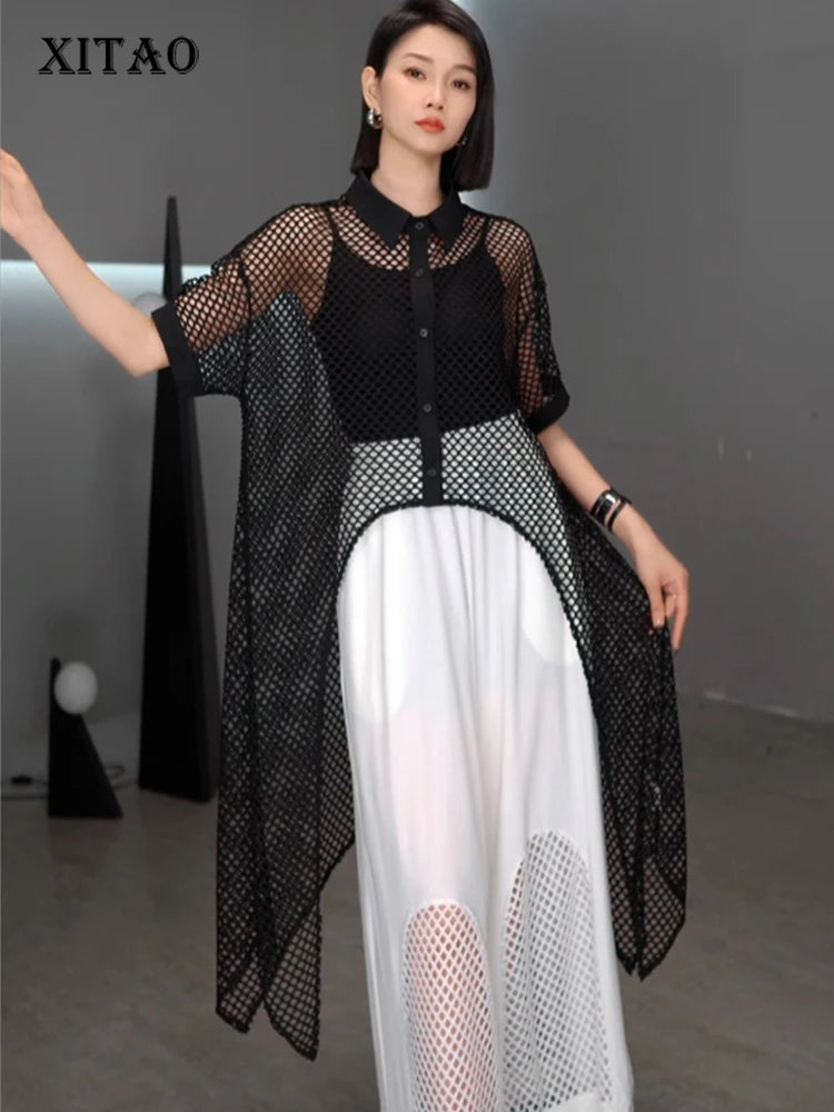 XITAO Hollow Out Mesh Irregular Short Sleeve Dress Loose Fitting Solid Color Single Breasted Lapel Summer Female Dress GYX1660