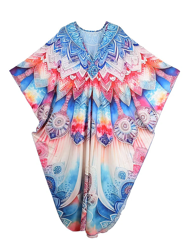 XITAO Bat Wing Sleeve Side Slit Dress Loose Print Casual V-neck Wrist Sleeve Vintage Fashion Slimming Summer Woman Dress GJ1157
