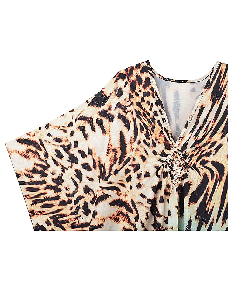 XITAO Leopard V-neck Vintage Dress Print Side Slit New Arrival Bat Wing Sleeve Loose Casual Pullover Summer Woman Dress GJ1179