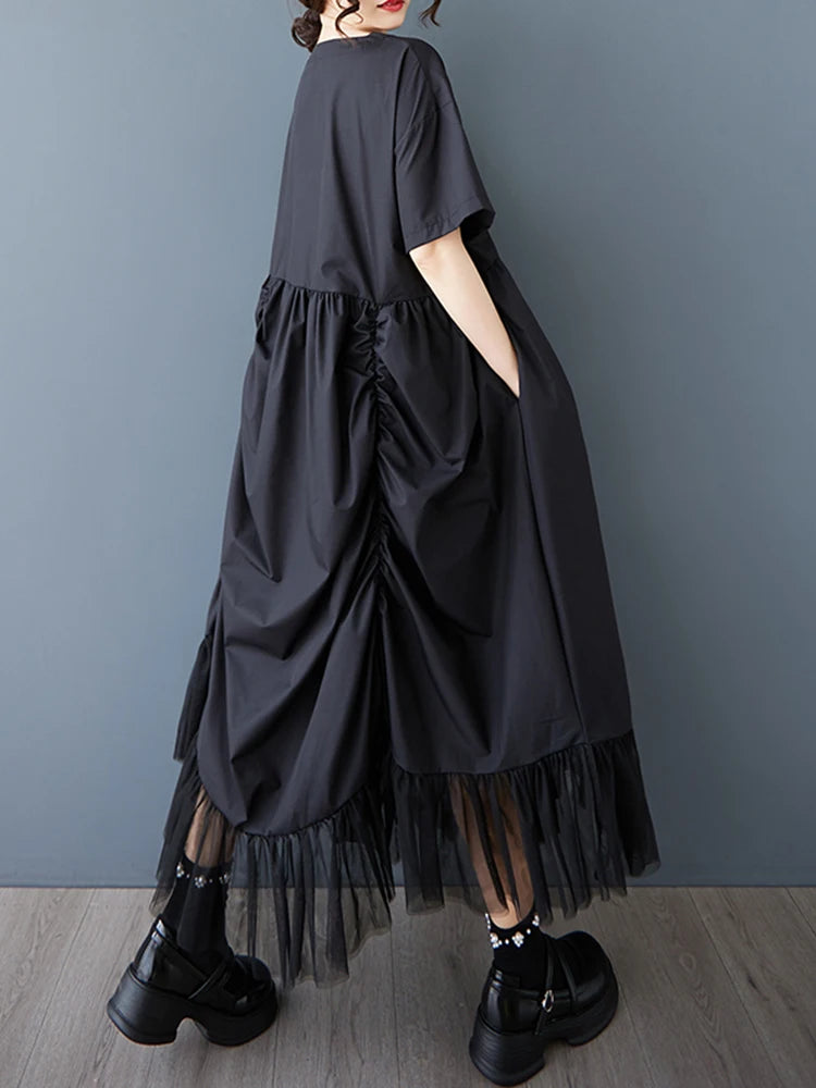 XITAO Loose Folds Female Dress Personality Mesh Irregular Patchwork Women Solid Color Slimming Vintage Pullover Dress ZMY1147