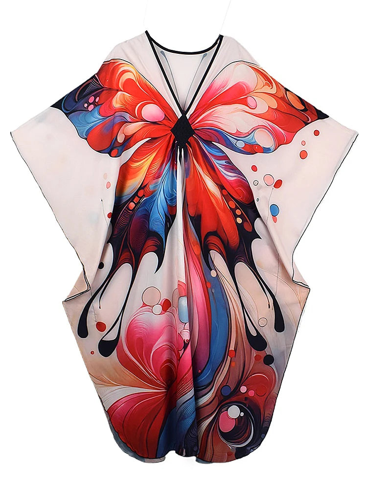 XITAO Female Side Slit Print Dress Butterfly A-line Pullover Bat Wing Sleeve V-neck Summer Woman Ankle-length Dress GJ1161