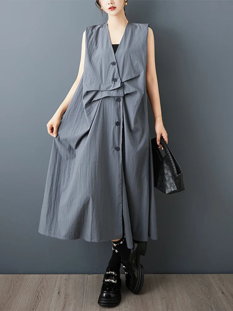 XITAO Solid Color Sleeveless Vintage Dress V-neck Irregular Single Breasted Loose Casual New Arrival Summer Woman Dress ZMY1384