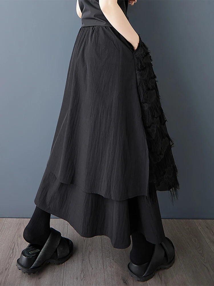 XITAO Gauze Patchwork Bandage Solid Color Skirt Pocket Elastic Waist Loose A-line Mid-calf Temperament Casual Skirt HQQ2463