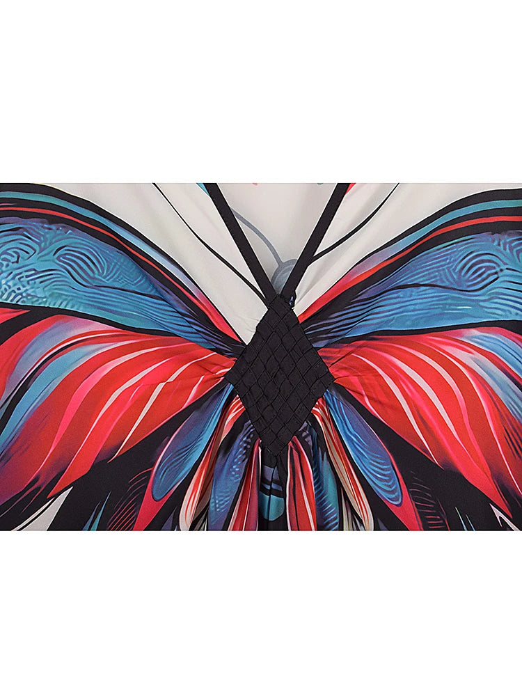 XITAO Butterfly Print V-neck Dress Bat Wing Sleeve Pullovers Side Slit Casual Vintage Ankle-length Summer Woman Dress GJ1168