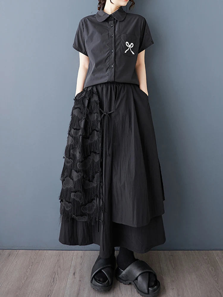 XITAO Gauze Patchwork Bandage Solid Color Skirt Pocket Elastic Waist Loose A-line Mid-calf Temperament Casual Skirt HQQ2463
