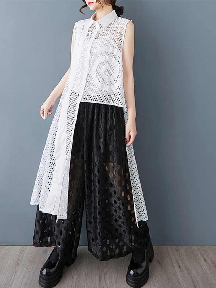 XITAO Mesh Patchwork Asymmetrical Perspective Dress Solid Color Turn-down Collar Single Breasted Sleeveless Casual Dress GYX1561