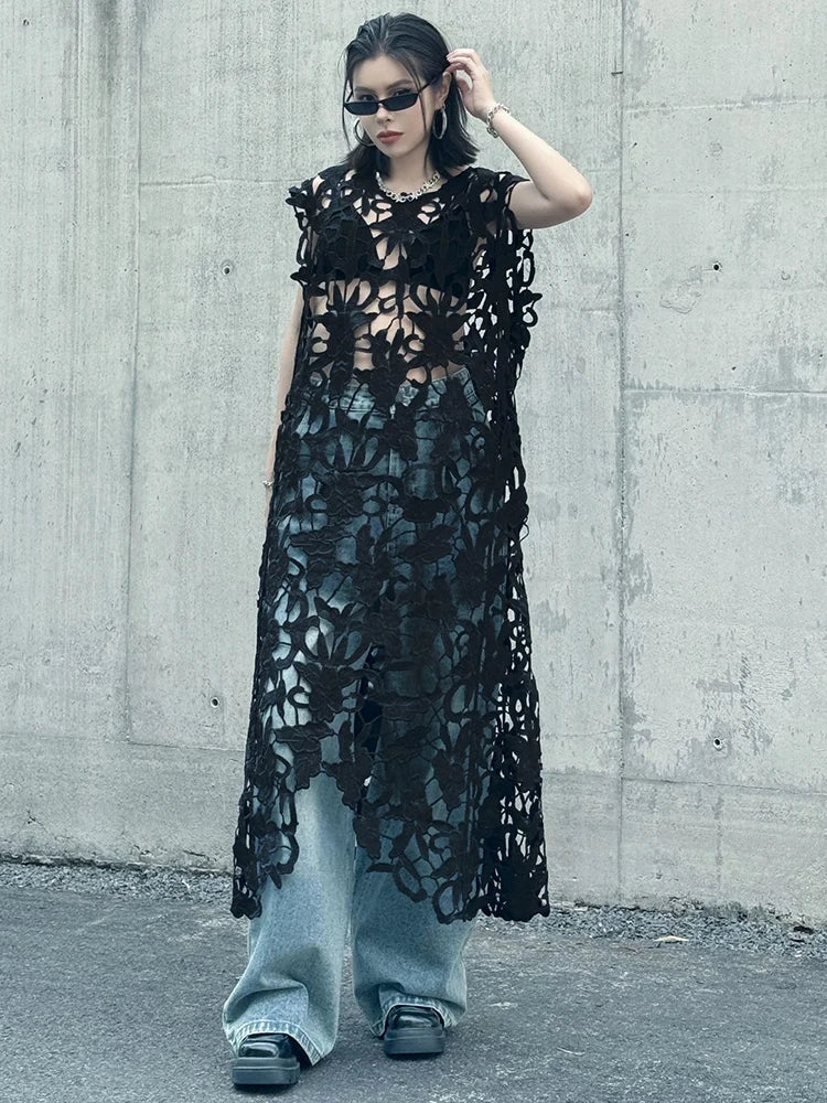 XITAO Hollow Out O-neck Sleeveless Dress Casual Solid Color French Style A-line Vintage Lace New Summer Female Dress GYX1553