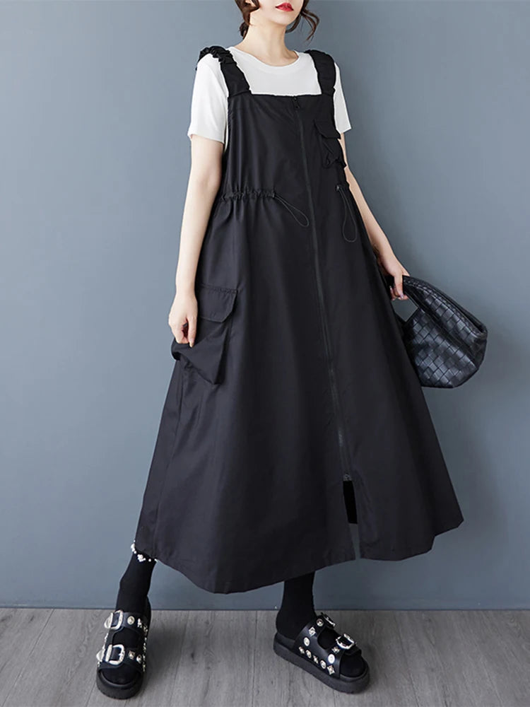 XITAO Zipper Pocket Patchwork Shirring Dress Solid Color Sleeveless Loose Casual Slim Summer Personality A-line Dress ZMY1217