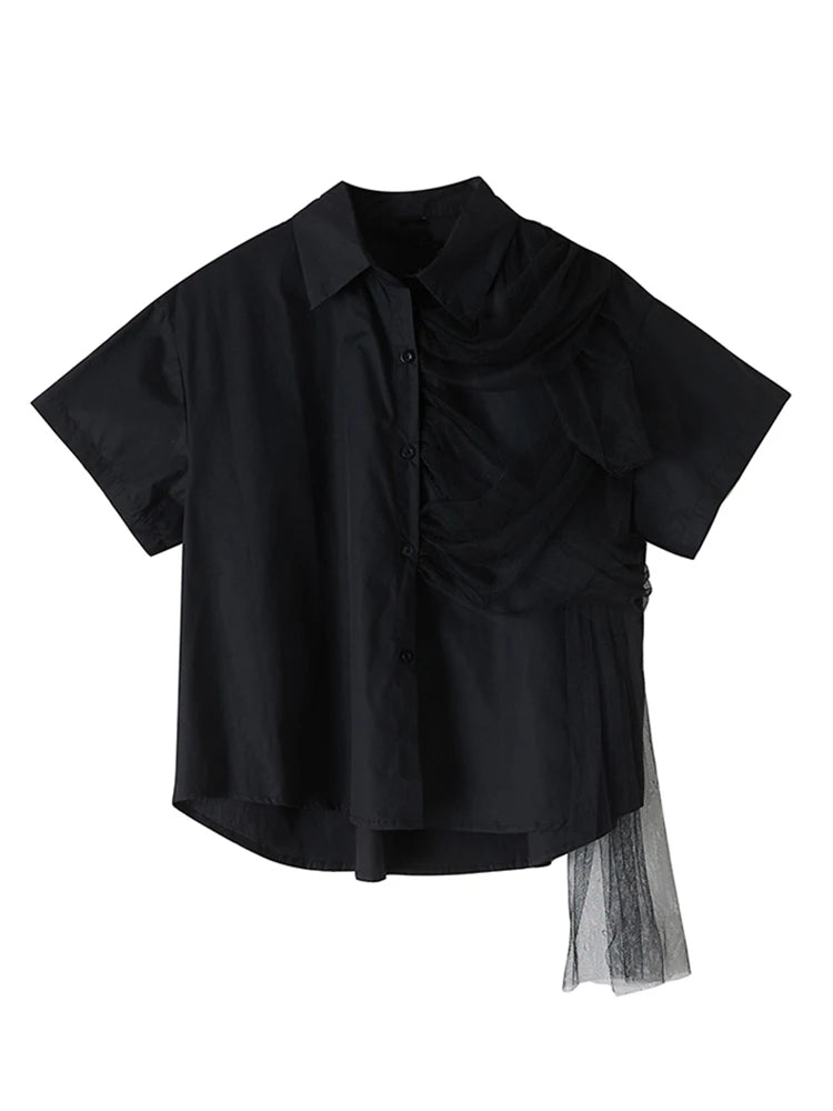 XITAO Patchwork Mesh Turn-down Collar Shirt Casual Solid Color Loose Fitting Vintage Slimming Summer Women Blouse GYX1536