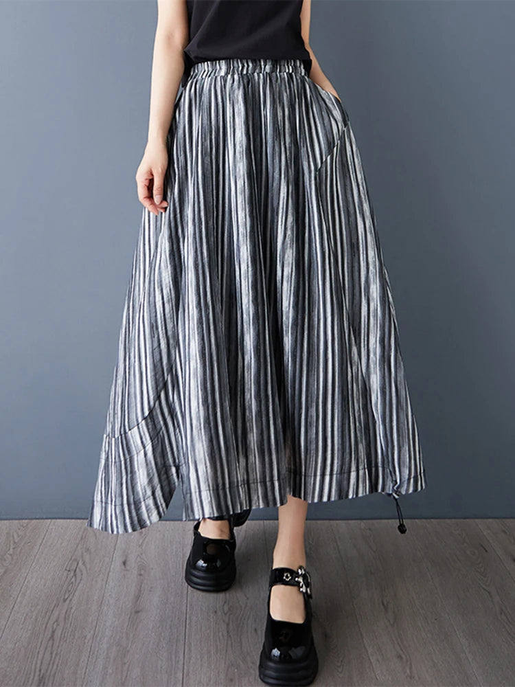 XITAO Stripe Elastic Waist A-line Skirt Casual Mid-calf Solid Color Personality Simple Vintage Summer Women Skirt GYX1646