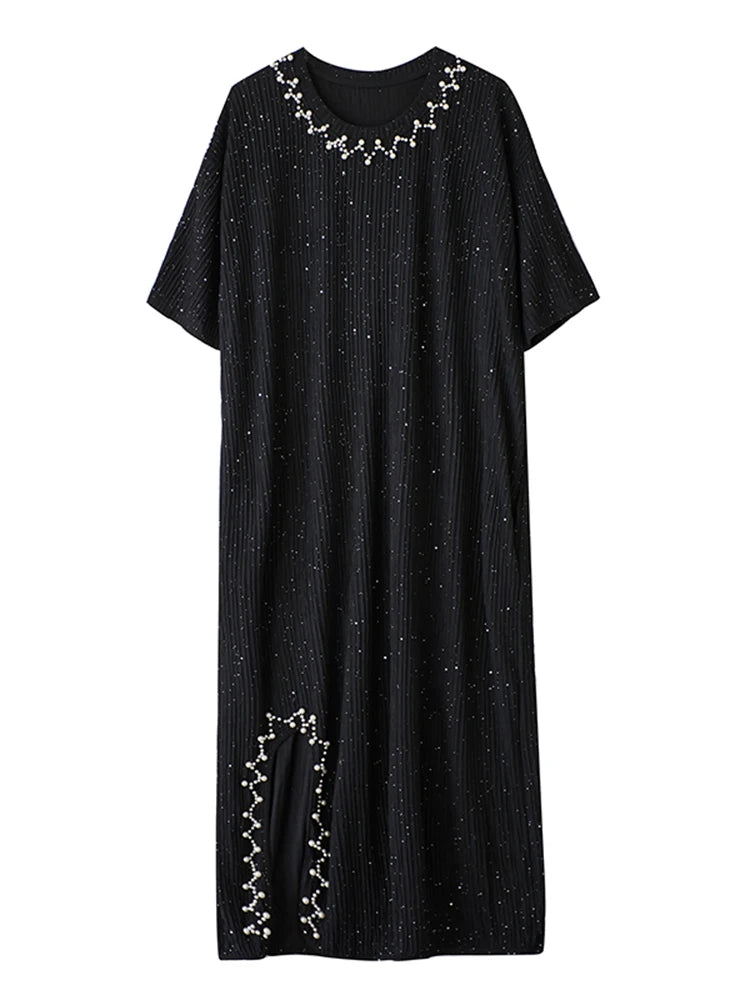 XITAO Vintage Asymmetric O-neck Dress Fashion Bead Patchwork Women Summer Solid Color Slimming Temperament Dress HQQ2481