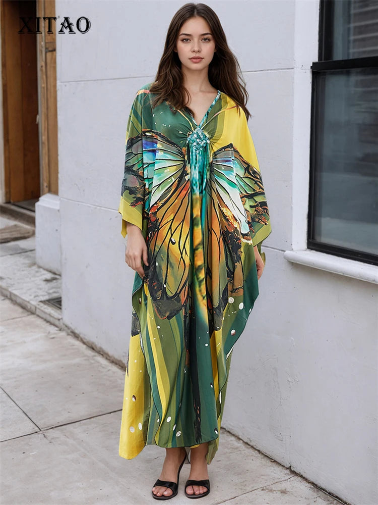 XITAO Butterfly Print Batwing Sleeve Pullover Dress Contrast Color V-neck Loose Temperament Ankle-length Women Dress GJ1144