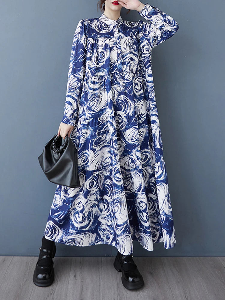 XITAO Contrast Color Print Patchwork Stand Collar Dress Long Sleeve Pullover Loose Mid-calf Casual Slimming Dress HQQ2469