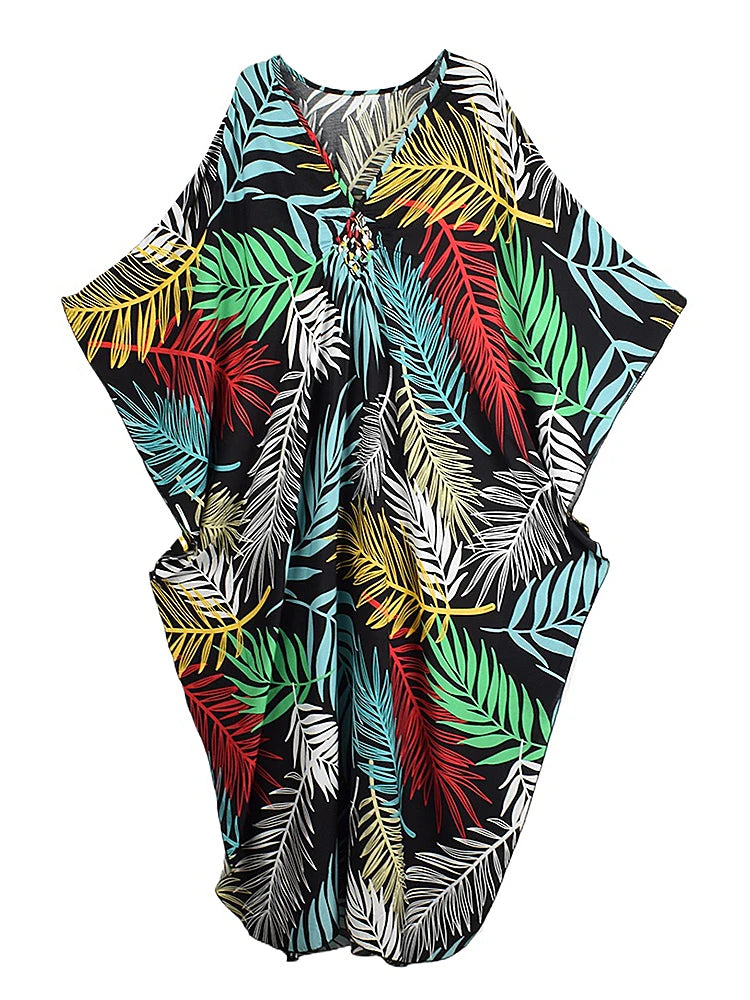 XITAO Batwing Sleeve Patchwork Print Contrast Color Dress V-neck Pullover Side Split Loose Casual Slimming Summer Dress GJ1146
