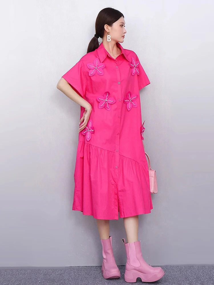 XITAO Solid Color Short Sleeve Dress Three-dimensional Decoration Turn-down Collar Loose Slimming Summer Woman Dress ZMY1398