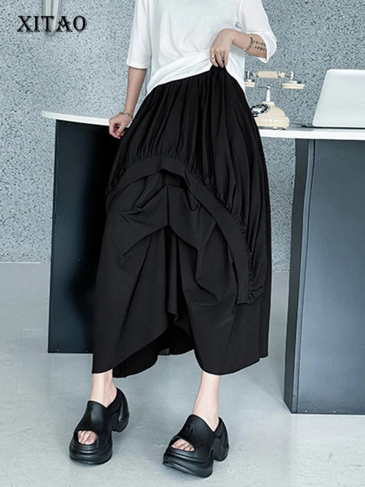 XITAO Fold Solid Color Elastic Waist Skirt Pocket Patchwork A-line Mid-calf Loose All Match Slimming Temperament Skirt ZMY1187