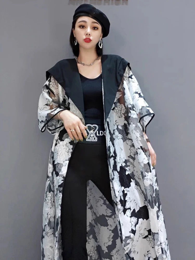 XITAO Hooded Gauze Patchwork Trench Print Half Sleeve New Temperament Casual Loose All-match Summer Cardigans Trench ZMY1279