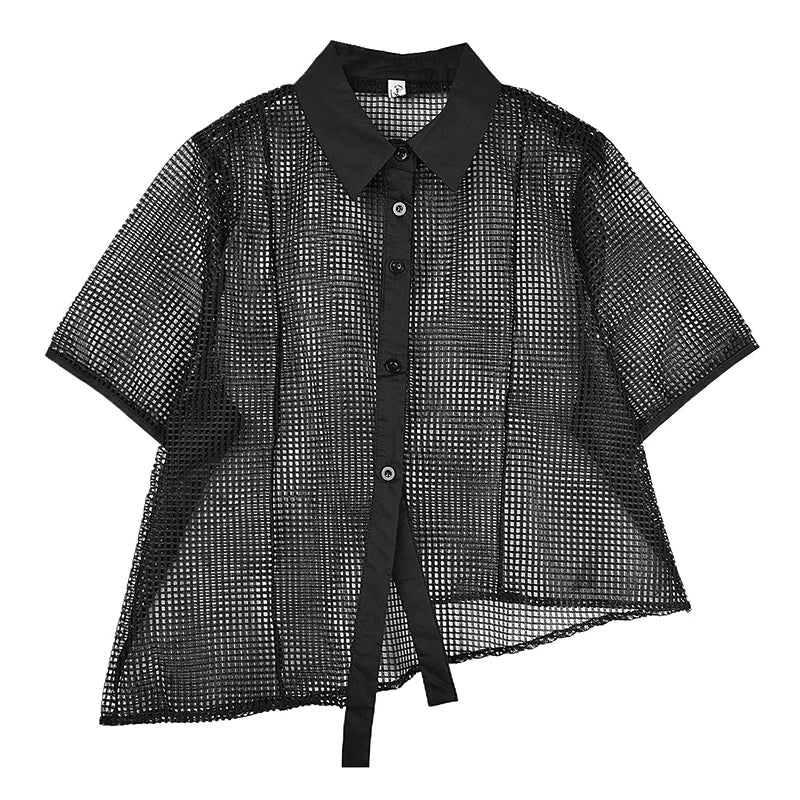 XITAO Hollow Out Irregular Women Blouse Short Sleeve Casual Loose Turn-down Collar Solid Color Summer Female Shirts ZMY1222