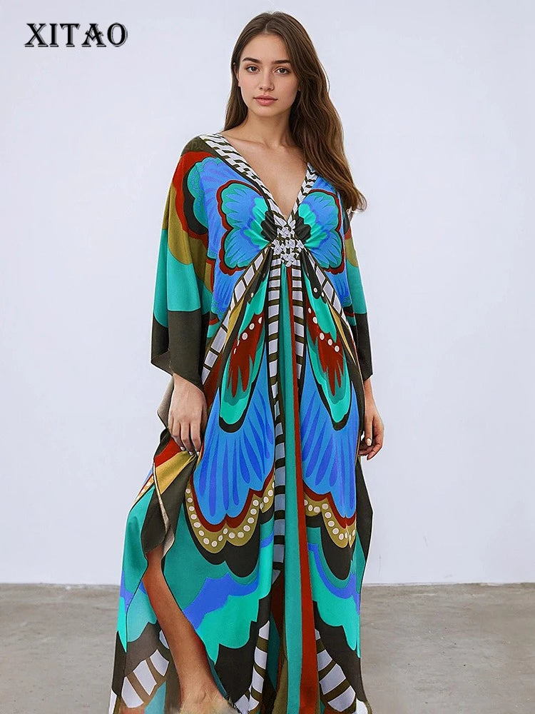 XITAO Butterfly Print V-neck Loose Dress Contrast Bat Wing Sleeve Casual Temperament Summer Woman Ankle-length Dress GJ1153