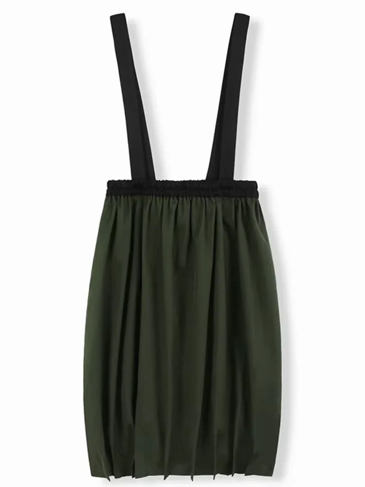 XITAO Folds Suspenders Contrast Color Skirts Casual Pocket Patchwork All Match A-line Loose Slimming Personality Skirt ZY8932