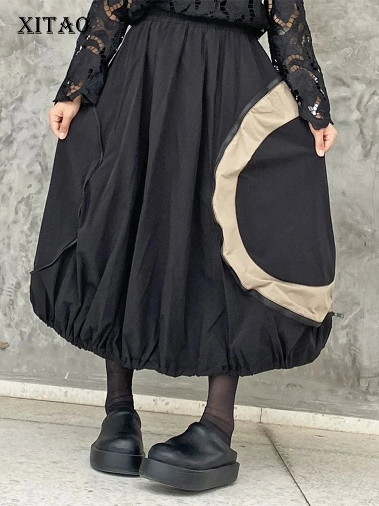 XITAO Contrast Color Patchwork Zipper Skirt Elastic Waist Shirring Loose A-line All Match Slimming Personality Skirt ZMY1180